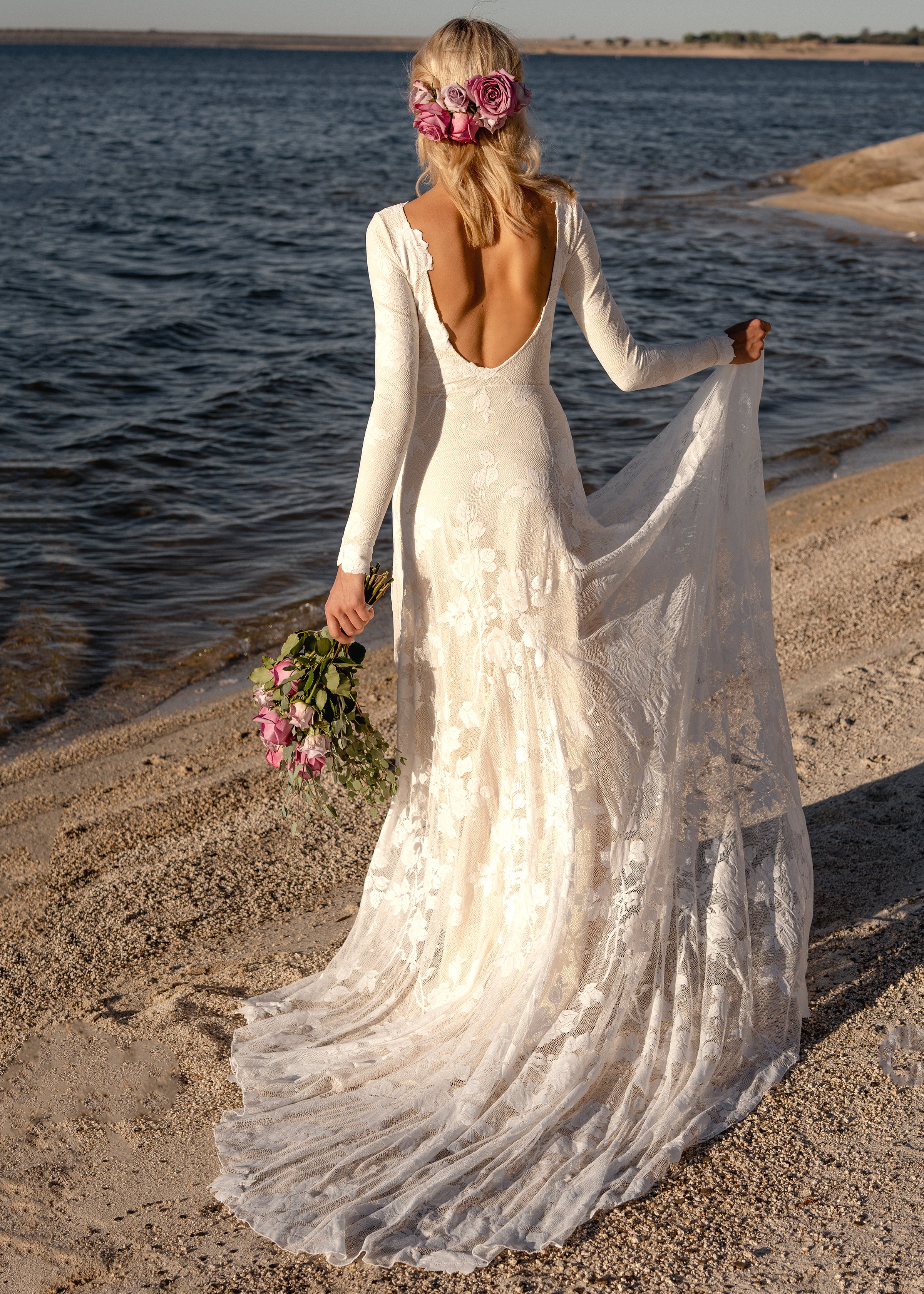 long sleeve open back wedding dress